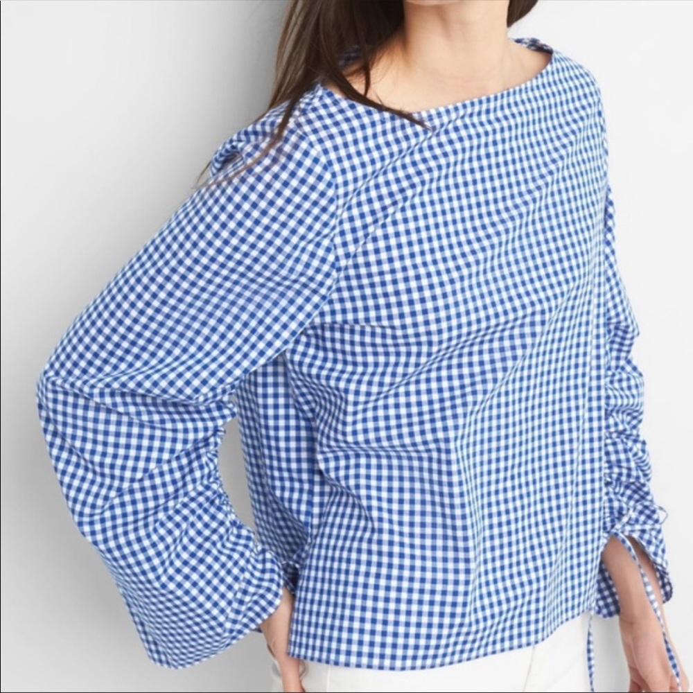 Gap Blue White Gingham Rusched Drawstring Top - image 2